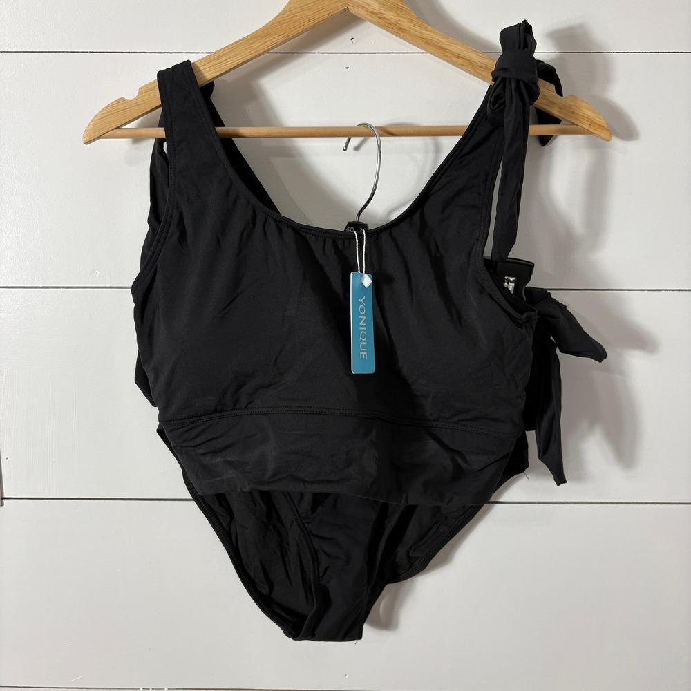Yonique Black Two Piece Swimsuit Tie Shoulder‎ High Waisted Bikini Set Small NWT